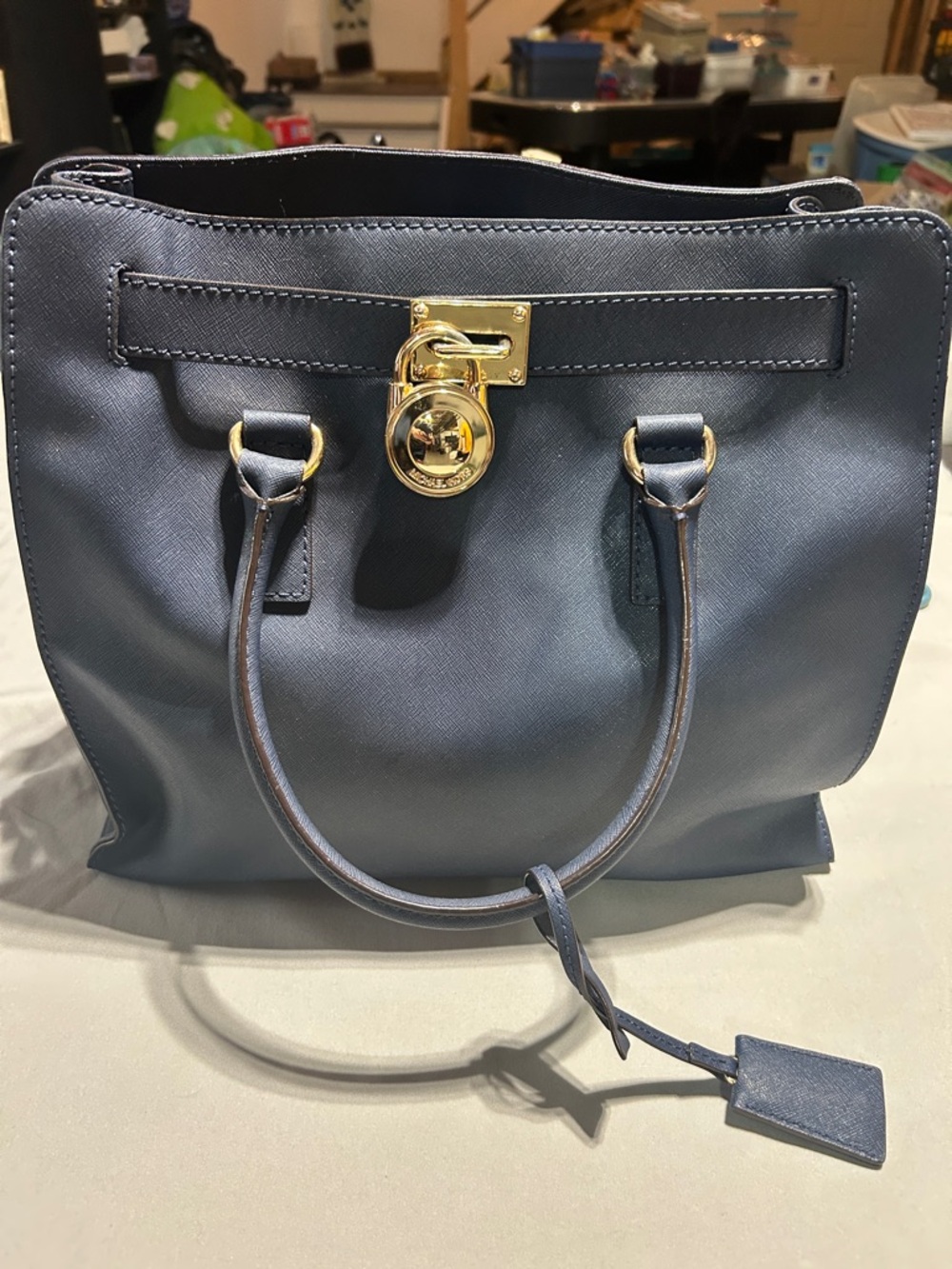 Michael Kors Navy Hamilton Large Tote with Gold-Tone Lock